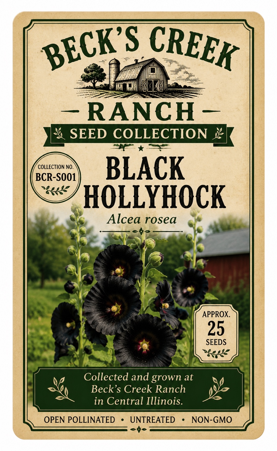 Beck's Creek Ranch Black Hollyhock Heritage Seed Collection packet featuring near-black hollyhock blooms